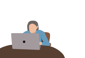 Retired gray hair woman in a blue top and white earrings on laptop at home. active senior technology