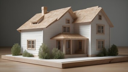 wooden model of the house on an empty wooden table