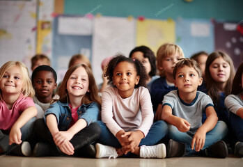 Group Of Pre School Children Answering Question In Classroom - obrazy, fototapety, plakaty