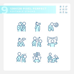 Pixel perfect blue icons set representing psychology, editable thin line illustration.