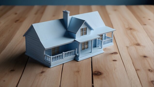 wooden model of the house on an empty wooden table