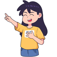 the expression of a girl who is laughing out loud while pointing at something that she thinks is funny, cartoon expression illustration