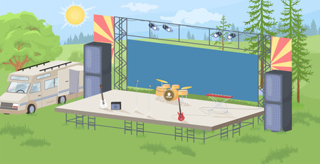 Empty musical stage prepared for open air party vector illustration - obrazy, fototapety, plakaty