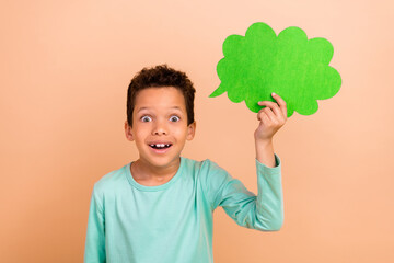 Portrait of small astonished boy arm hold empty space cloud shape card dialogue bubble isolated on...