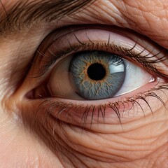 Fototapeta premium Pupil. Eyeball. Iris. Vision. External canthus dynamic lines. Wrinkles. Senior person. Face-lifting. Esthetics. Face. Skincare. Spa. Mimic. Eyebrow. Facial lines. Rhytids. Cosmetology