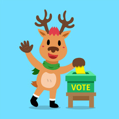 Cartoon christmas reindeer putting voting paper in the ballot box for design.