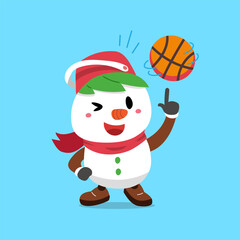 Cartoon character christmas snowman playing basketball for design.