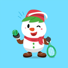 Cartoon character christmas snowman playing tennis for design.