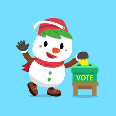 Cartoon christmas snowman putting voting paper in the ballot box for design.