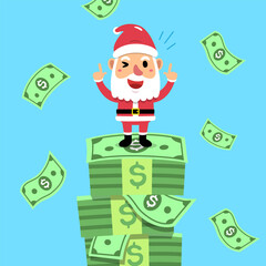 Vector cartoon happy christmas santa claus with money for design.