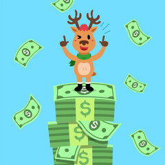 Vector cartoon happy christmas reindeer with money for design.