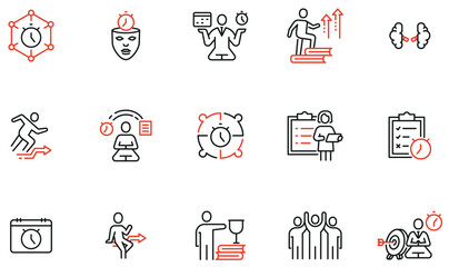 Vector Set of Linear Icons Related to Striving for development, Self-realization, Desire for Success, Organization of Work Process. Mono line pictograms and infographics design elements