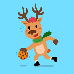 Cartoon character christmas reindeer playing basketball for design.