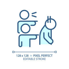 2D pixel perfect editable blue discrimination icon, isolated monochromatic vector, thin line illustration representing psychology.