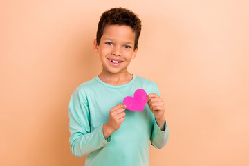 Photo of positive cute son wear stylish clothes hands showing heart paper card 8th march holiday...