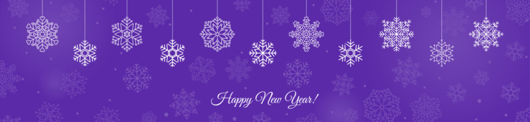 Happy new year purple blue banner design with snowflake vector illustration. Winter holidays concept card design to use for new year, christmas cards, winter banner advertising, holiday greetings. 