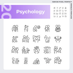 2D pixel perfect simple black icons set representing psychology, editable thin linear illustration.