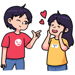 a guy seduces his girlfriend until he makes her blush. cartoon couple expression illustration