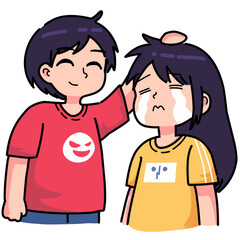 A man calms his girlfriend who is crying by stroking her head gently while smiling. cartoon couple expression illustration