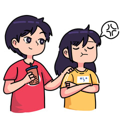 A man persuades his angry girlfriend, the man gives her his favorite boba drink. cartoon couple expression illustration