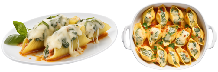 Spinach and ricotta cheese stuffed shell pasta bundle, side and top view, isolated on a white background