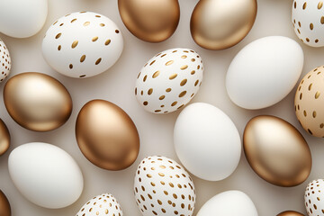Festive Easter eggs with polka dots in white and gold colors  flat lay pattern