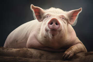 A cute pink large old pig sitting on a log isolated on a dark background showing his trotters and snout in an adorable nature setting