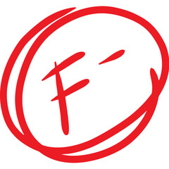 F minus. Fail mark. Bad result sign. Examination result grade red letter mark