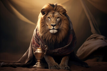 A Lion with a trophy in a strong and proud victorious pose showing winning and success in a powerful scene