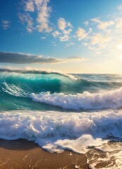 sea ​​wave long , noon, daylight(blue sky),sea ​​wave with foam close-up, noon, daylight, artstation, panoramic format