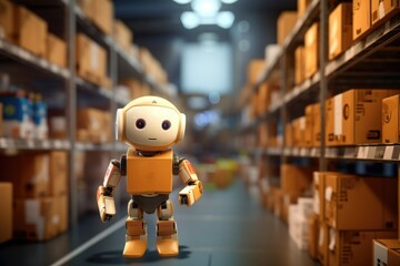 Robot in a warehouse with boxes. Issuing orders. Logistics center for storing goods. Automation and workability