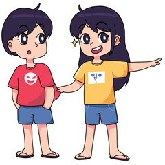 The woman pointed at something excitedly while pulling her boyfriend's t-shirt and inviting him to go there. cartoon expression couple illustration