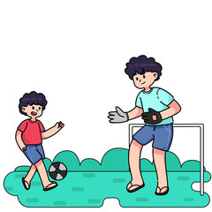 father and son are playing football together on the field, they really enjoy playing together