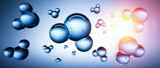 3D models of water molecules floating against blue background - H2 scientific element - 3D illustration