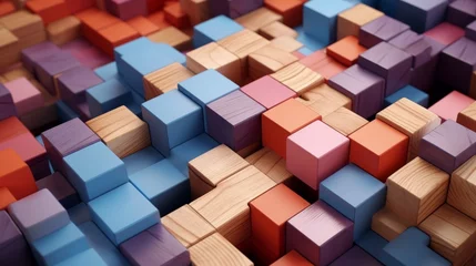 Tuinposter vibrant wooden puzzle pieces surrounding geometric block - corporate logic, decision dilemmas, and strategic objectives - 4k high-detail image © Ashi