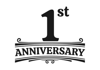 1 year anniversary logo, icon or badge. 1st birthday, jubilee celebration, wedding, invitation card design element. Vector illustration.