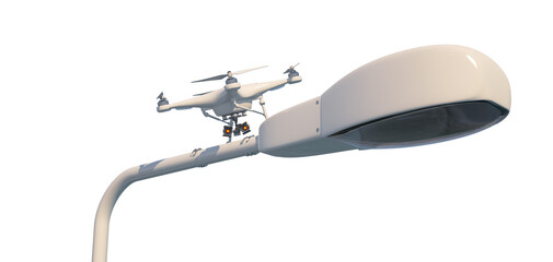 An aerial drone (quadcopter) is a robot character with remote or independent control. The robot looks menacingly. 3d illustration. White background.