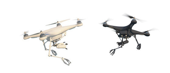 An aerial drone (quadcopter) is a robot character with remote or independent control. Meeting of two different robots in flight. 3d illustration. White background.