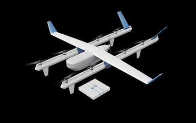 A drone for food delivery (pizza). The concept of business air transportation. Autonomous robot for delivery. The drone lowers the goods to the customer on cables. 3D illustration. Black background.