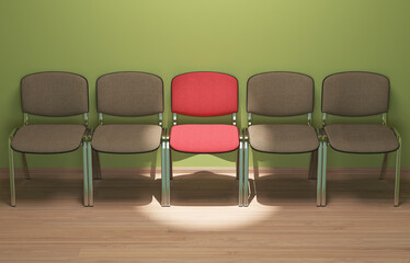 An illuminated chair that attracts attention in the middle of empty chairs. A conceptual image on the topic: leadership, standing out from the crowd, differing from each other. 3D Illustration.