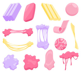 Bubble gum splashes set. Cartoon chewy sweet candies. Stains and sticky stretchy forms. Children bubblegum. Vector illustration - obrazy, fototapety, plakaty