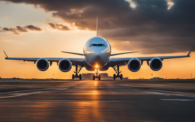 A full white plane taking off from an airport at sunset