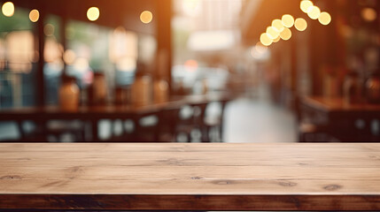 Empty Wooden Table in a Blurry Restaurant Background - obrazy, fototapety, plakaty