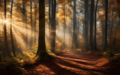 Fototapeta na wymiar A sunny morning in an autumn forest, with rays of lights