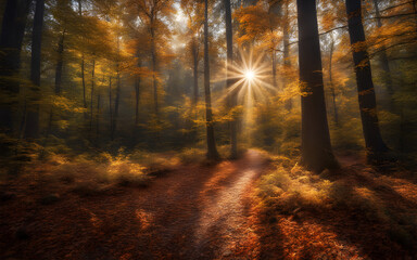 A sunny morning in an autumn forest, with rays of lights