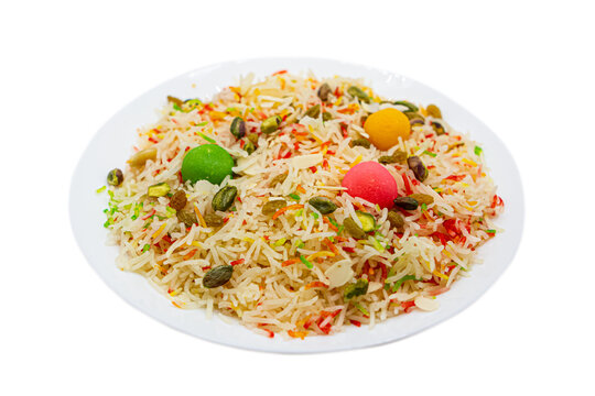 Kashmiri Polao and biryani served in a dish isolated on white background