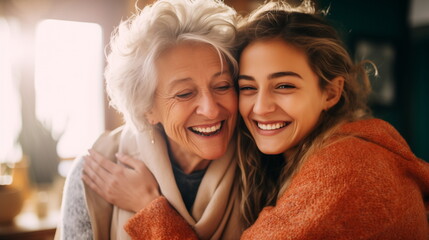 Obraz premium Lovely smiling happy elderly parent mom with young adult daughter two women together wearing casual clothes hugging cuddle kiss
