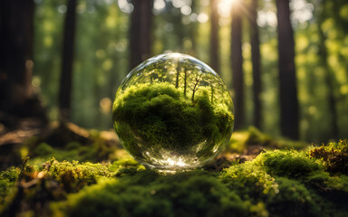 Closeup on a earth glass globe in the forest with moss and defocused abstract sunlight