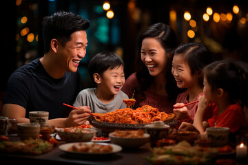 A happy Chinese family of 5 eating typical asian food for dinner.