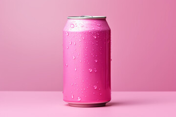Pink aluminum can without label with water drops isolated on pink empty background with space for logo, name or text.generative ai